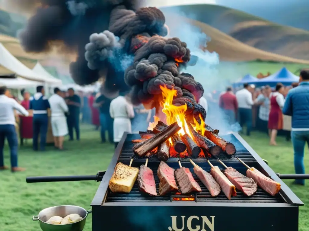 Festival de asado en Uruguay: parrillas al aire libre, cortes de carne, multitud y colinas verdes