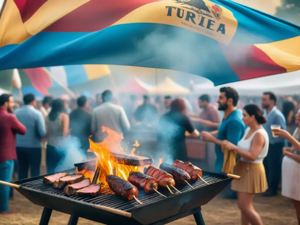 Festival de asado en Uruguay: Parrillas tradicionales sizzling con cortes de carne, gente disfrutando bajo el sol y banderas coloridas