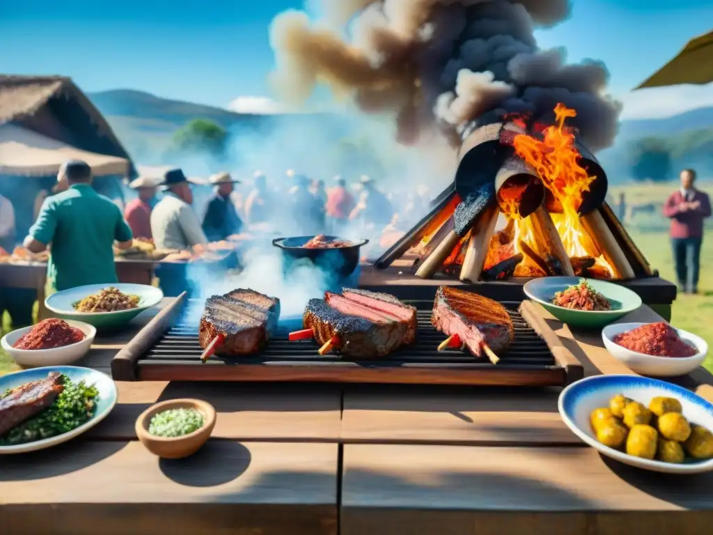 Un festival de asado tradicional uruguayo con mesa llena de carne a la parrilla y lugareños disfrutando bajo cielo azul