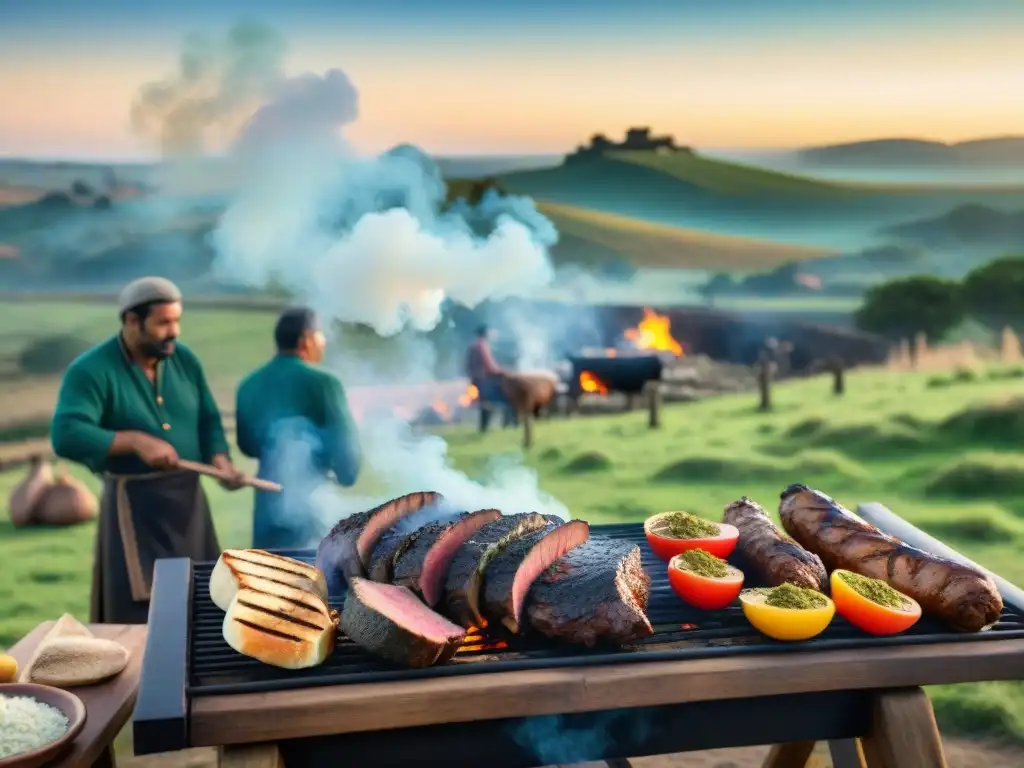 Festival de asado uruguayo: gauchos preparando carne a la parrilla en un paisaje campestre verde