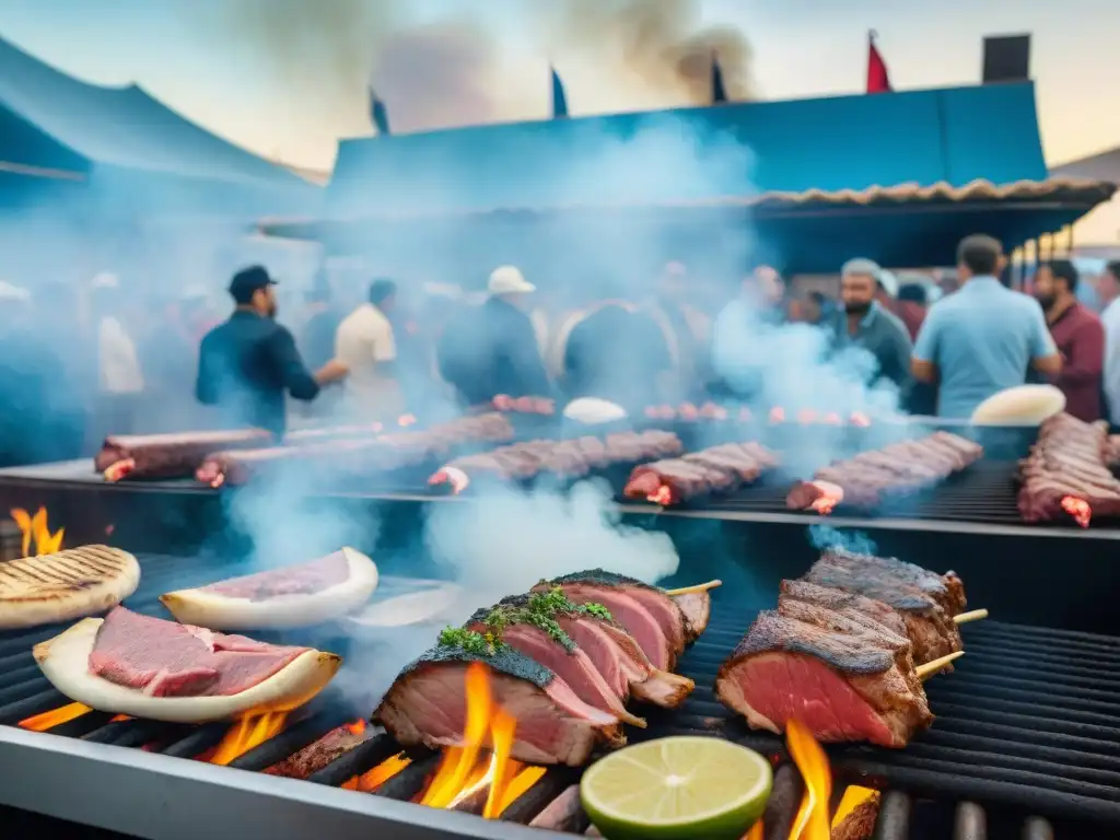 Festival de asado uruguayo con parrillas repletas de carne, gente animada y banderas coloridas ondeando al viento