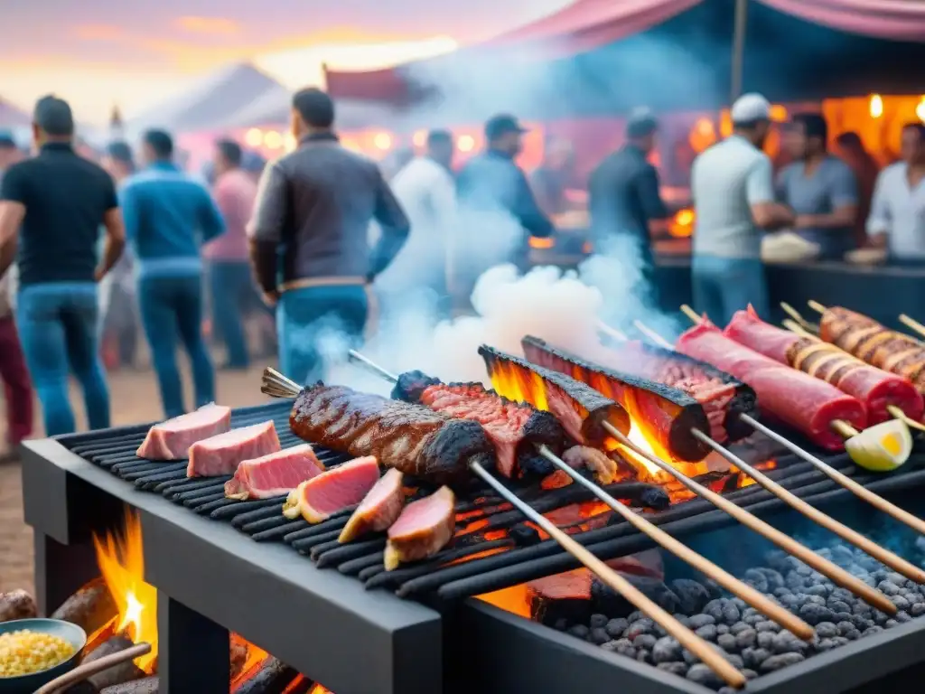 Festival de asado uruguayo con parrillas, aromas y banderas coloridas al atardecer