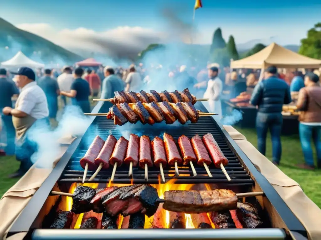 Festival de asado uruguayo: parrillas repletas de carne, multitud animada y ambiente festivo