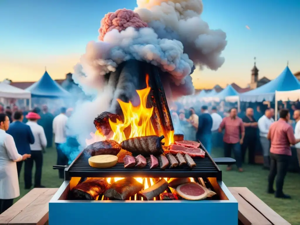 Festival de asado en Uruguay: Detalle vibrante de una parrillada tradicional uruguaya con chefs y multitud animada bajo cielo azul