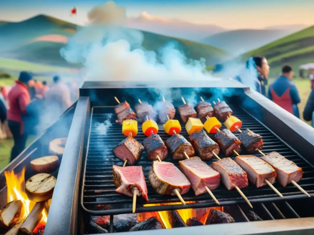 Celebración en festival gastronómico asado uruguayo: gente disfrutando comida a la parrilla en el campo