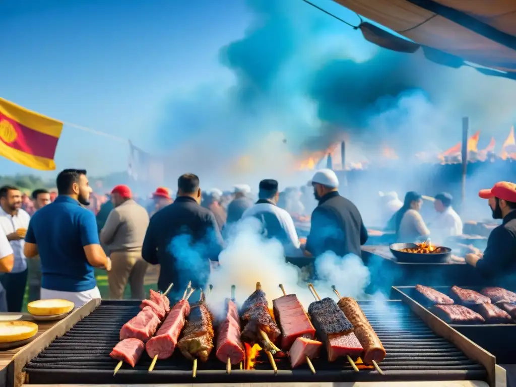 En un festival gastronómico de asado uruguayo, parrillas humeantes, chefs y multitud animada celebran entre aromas y banderas coloridas