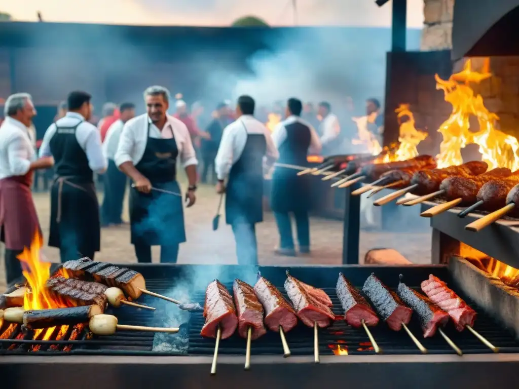 Festival uruguayo del arte del asado con parrillas al aire libre, chefs cocinando y ambiente vibrante