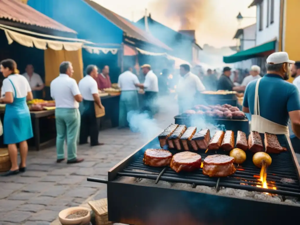 Festivales de asado en Uruguay: Calle bulliciosa con coloridos puestos de comida y música animada al atardecer