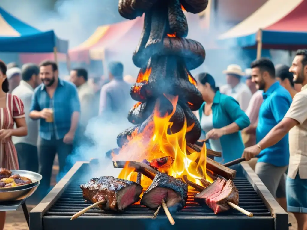 Festivales de asado en Uruguay: Escena festiva de un asado tradicional con gauchos y comida en una soleada jornada