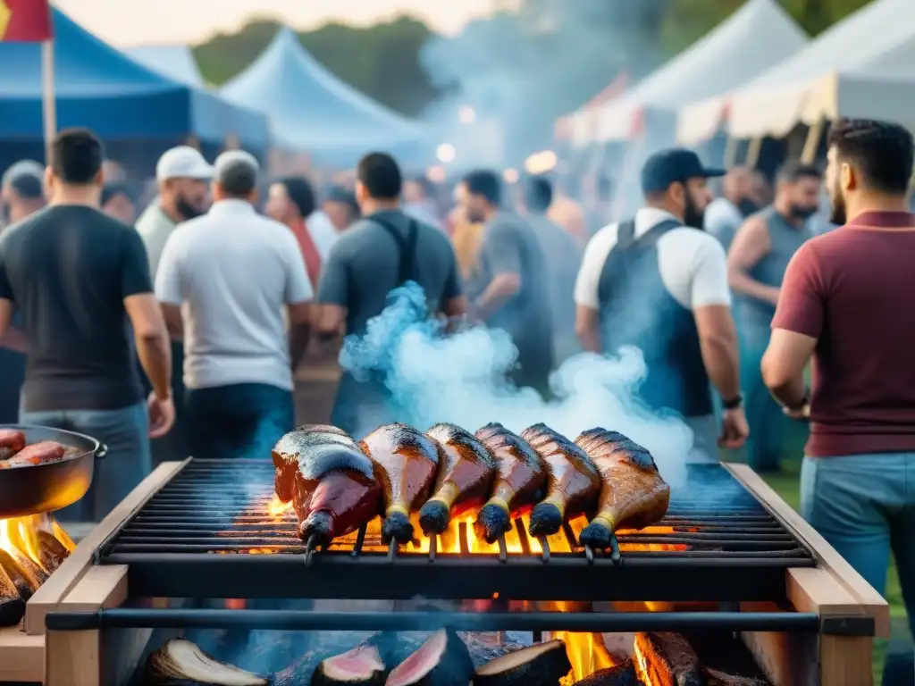 Festivales de asado uruguayo: Escena vibrante de un festival con barbacoa al aire libre, chefs expertos y visitantes disfrutando