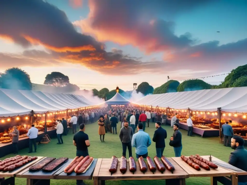 Festivales de asado uruguayo: Una escena vibrante de un festival al aire libre con mesas de madera rústica, platos tradicionales y luces brillantes