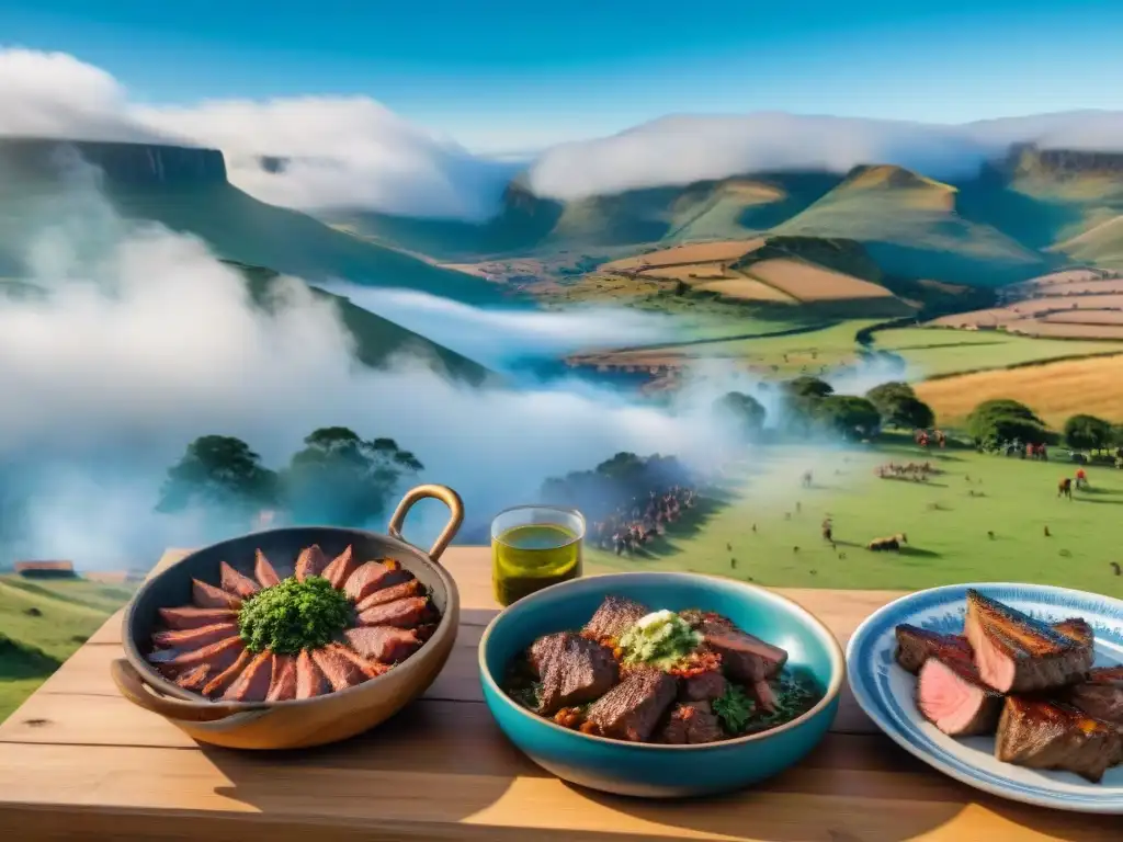 Festivales de asado uruguayo: Escena vibrante de un asado con mesa llena de carne, chimichurri y gente feliz compartiendo en comunidad