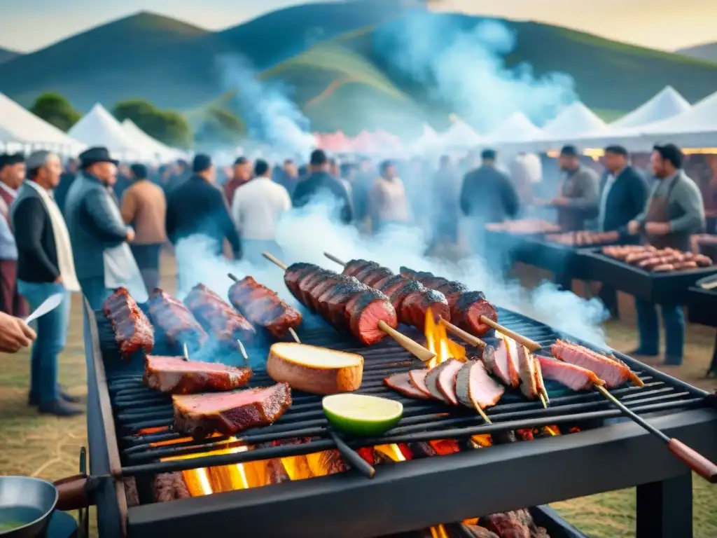 Festivales de asado uruguayo: escena vibrante con parrillas, música y espectadores en un festival colorido en Uruguay