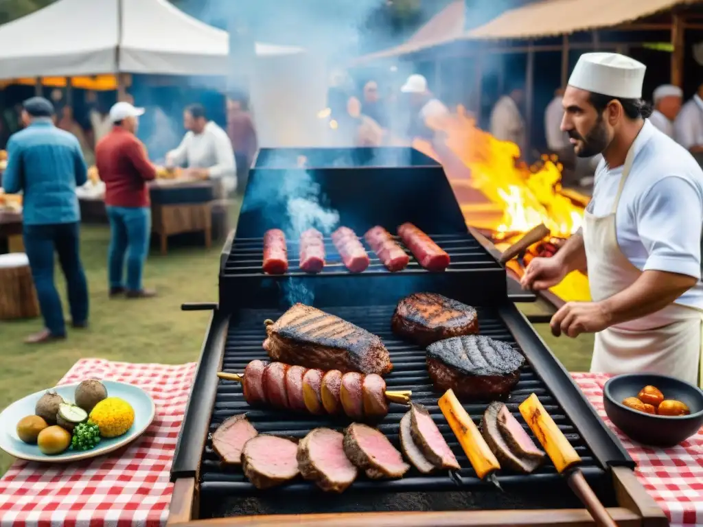 Festivales de asado en Uruguay: Escena vibrante de un asado tradicional uruguayo con chefs locales, invitados y ambiente festivo