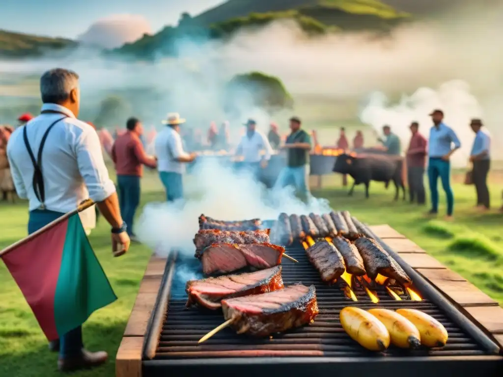 Festivales de asado en Uruguay: Atmosfera vibrante de tradicional asado uruguayo con grills sizzling, gente disfrutando y banderas coloridas