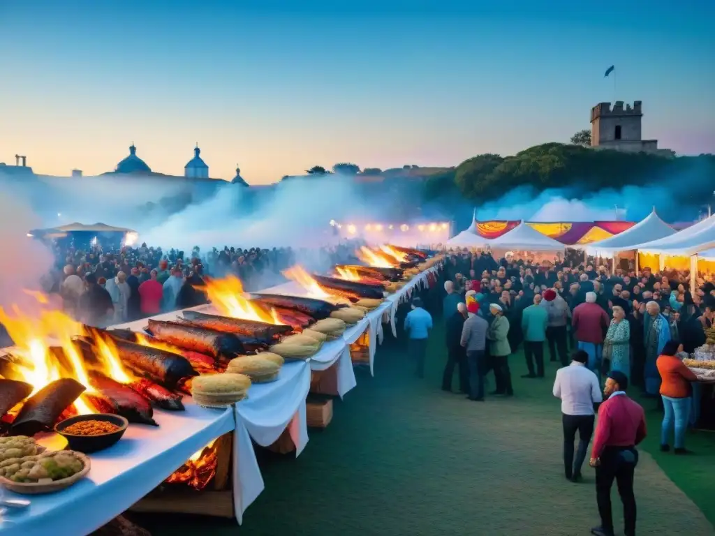 Festivales gastronómicos con asado uruguayo, coloridas parrillas y animada multitud disfrutando bajo el cielo azul