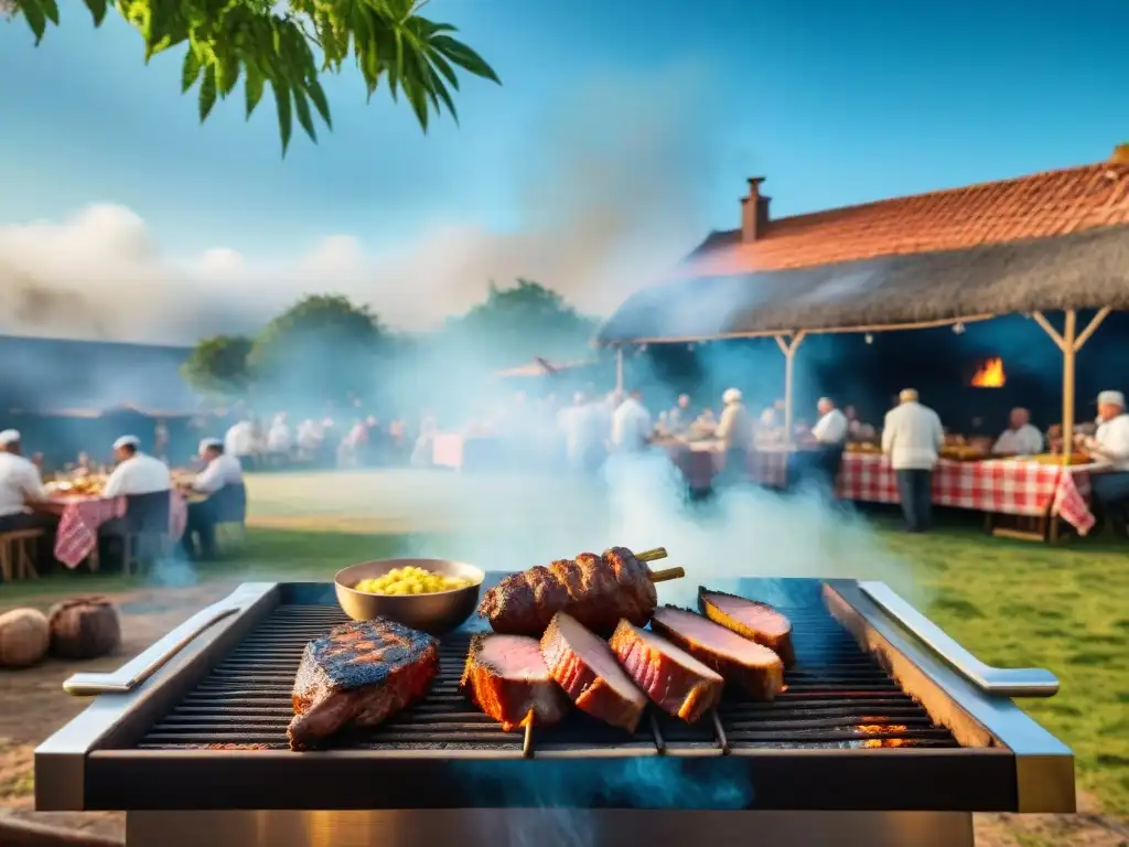 Un festivo asado uruguayo al aire libre bajo un árbol frondoso, rodeado de gente, reflejando la rica tradición culinaria y la comunidad