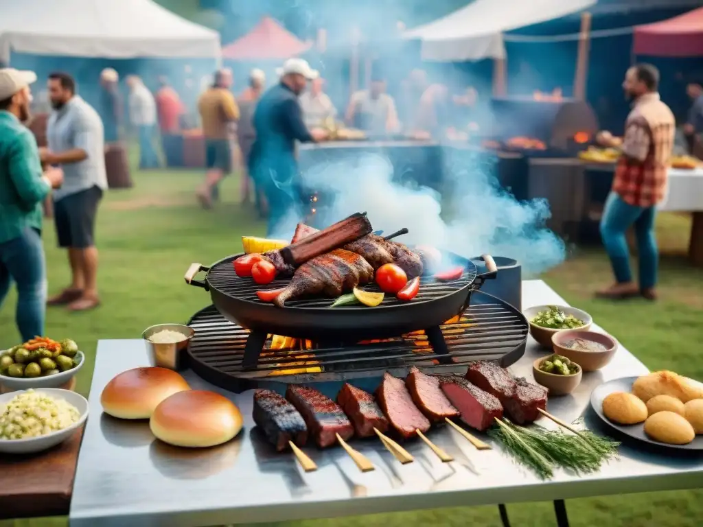 Un festivo asado uruguayo en el campo con amigos disfrutando de la parrilla y la comida, capturando la esencia de eventos de asado en Uruguay