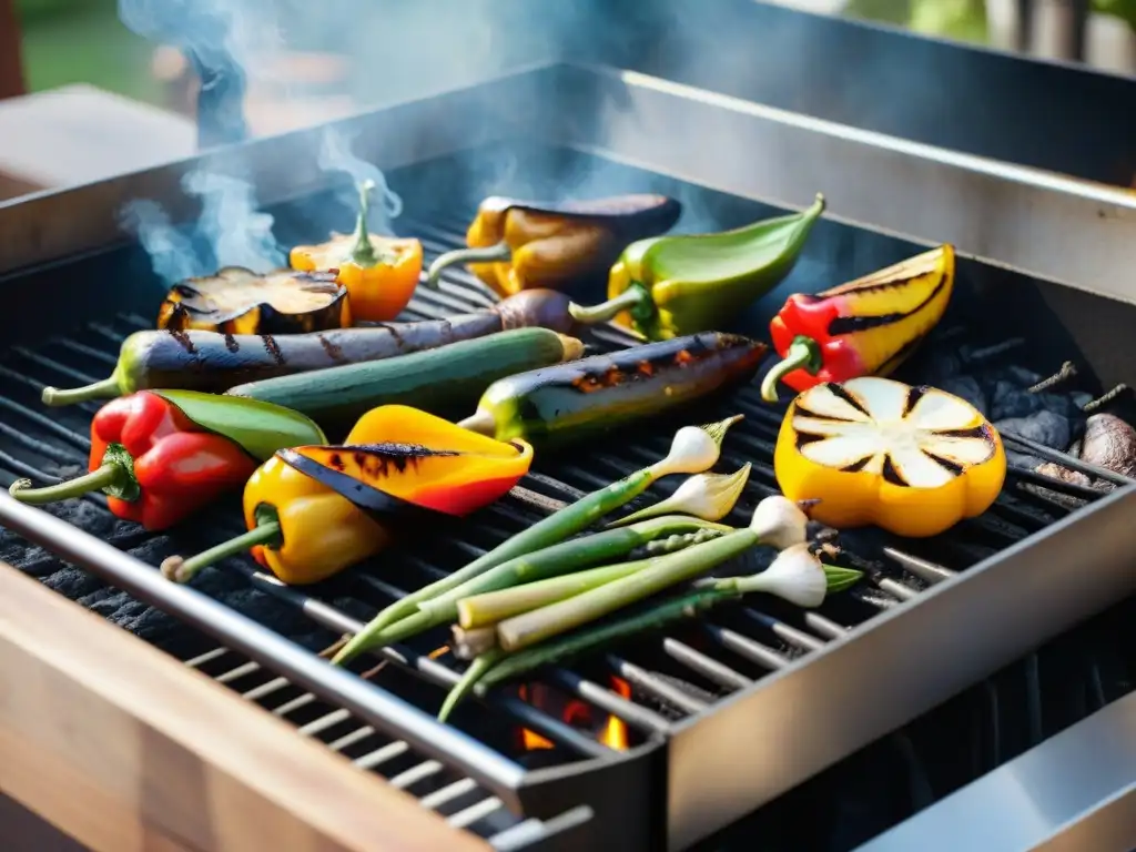 Un festivo asado uruguayo con recetas de vegetales en la parrilla, lleno de color y sabor, listo para compartir