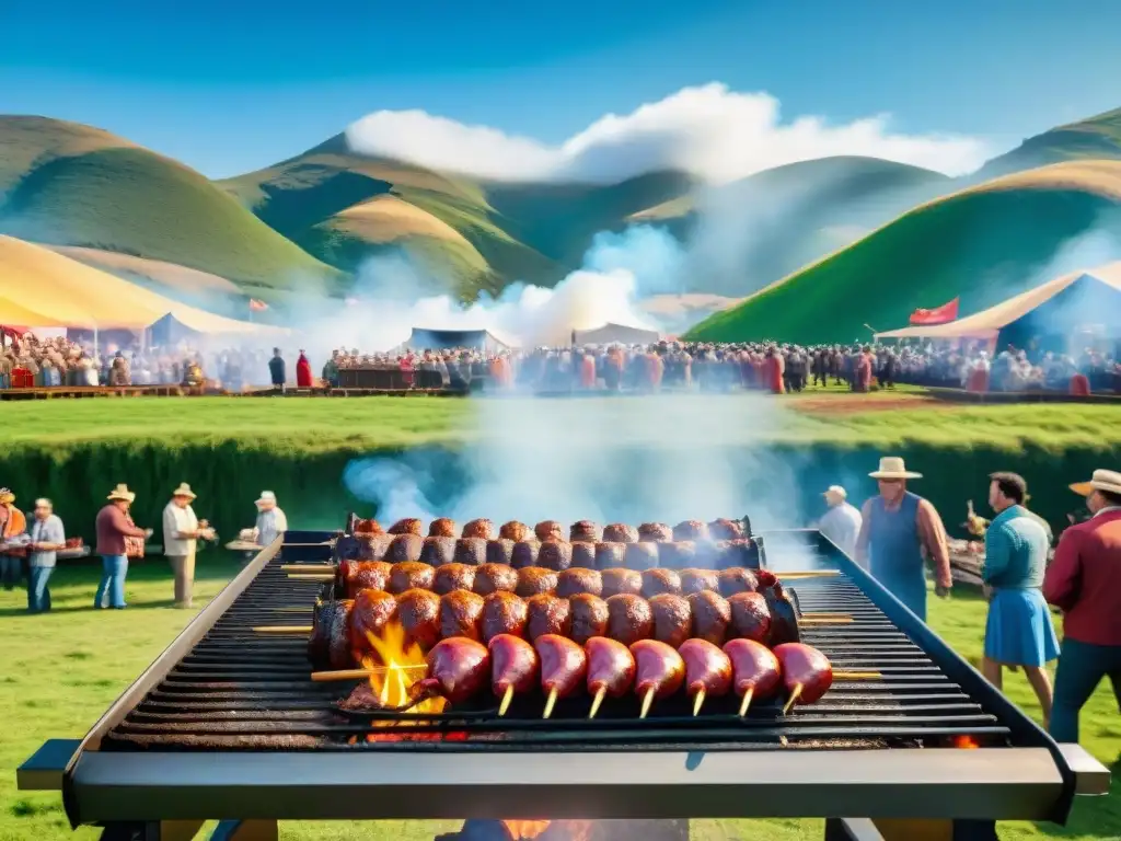 Un festivo asado uruguayo con turistas y locales disfrutando, en un escenario pintoresco de colinas verdes y cielos azules