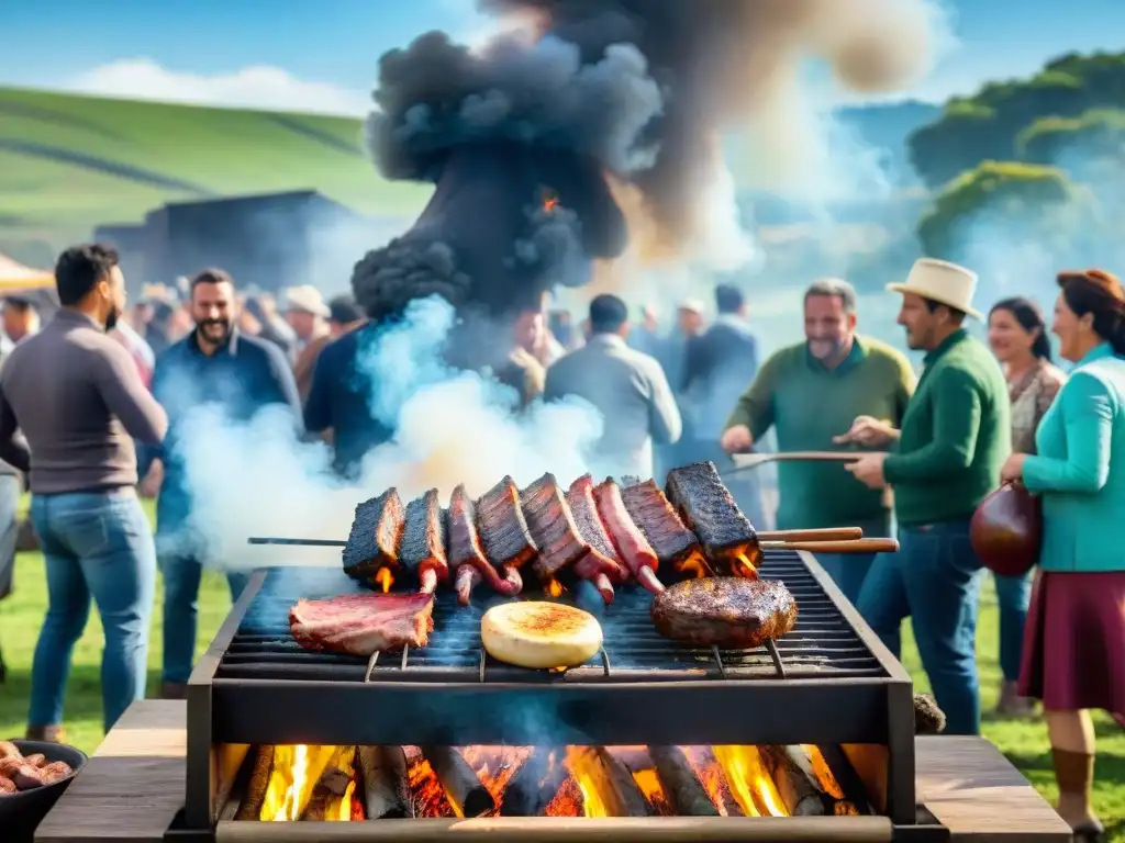 Un festivo Patrocinio tradicional asado uruguayo en pleno apogeo, con gente animada y una parrilla cargada de carne