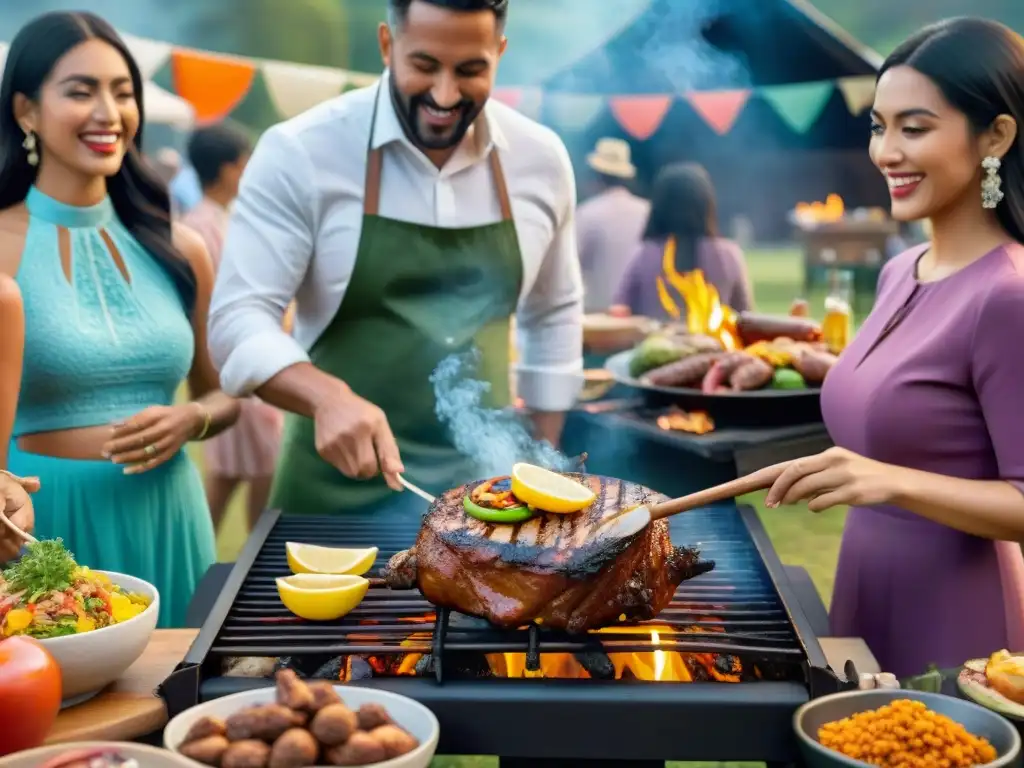 Una fiesta al aire libre con personas diversas alrededor de una parrilla gigante, celebrando con asados de diferentes culturas