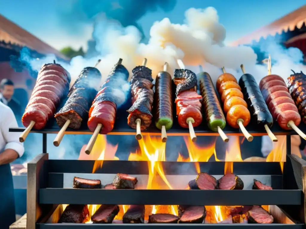 Una fiesta del asado uruguayo con riqueza gastronómica: chorizos, morcillas y asado de tira en parrillas bajo cielo azul