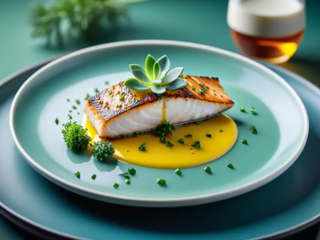 Un filete de pescado blanco con salsa de limón y hierbas frescas, en un plato moderno y elegante