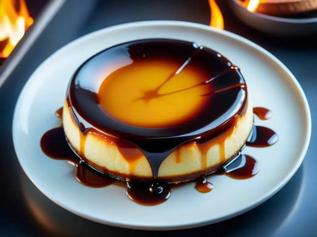 Un flan a la parrilla exquisitamente detallado, con salsa de caramelo goteando, en un ambiente cálido de hoguera