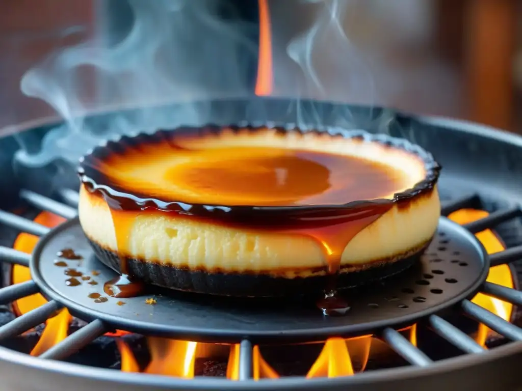 Un flan a la parrilla perfectamente dorado, con caramelo brillante y aroma tentador, en una parrilla rústica