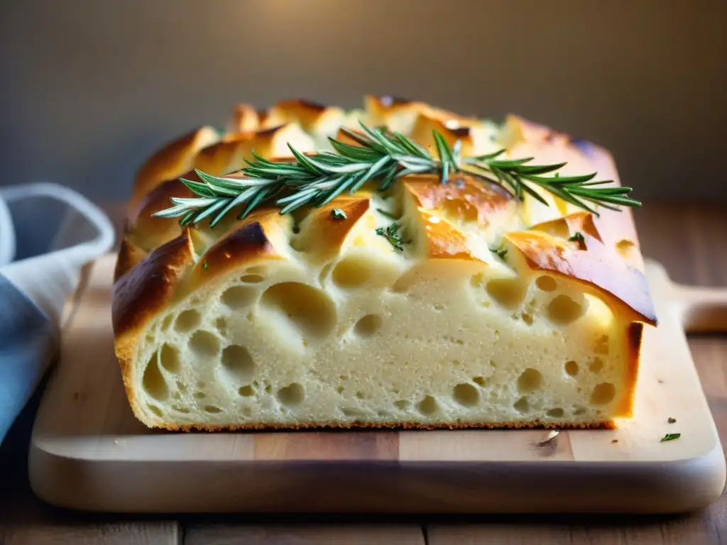 Una focaccia casera para asado uruguayo, recién horneada, con su crujiente corteza dorada, romero y sal marina