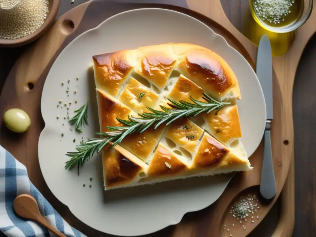 Focaccia casera para asado uruguayo: pan dorado con romero y sal en cocina italiana tradicional