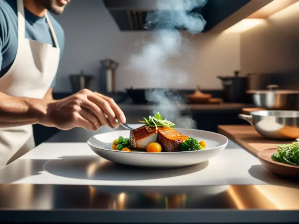 Un fotógrafo profesional ajustando la iluminación de un exquisito plato en un estudio de cocina moderno