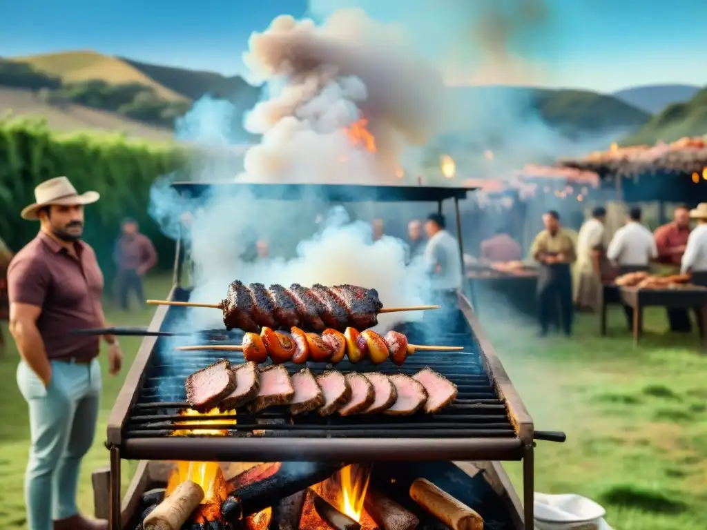 Una representación ultradetallada y fotorrealista de un asado uruguayo tradicional histórico, con recetas de asado uruguayo históricas