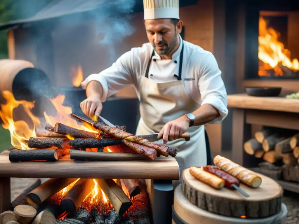 Un hábil chef maneja el fuego en técnicas de asado a la leña, creando una sinfonía visual de fuego y comida