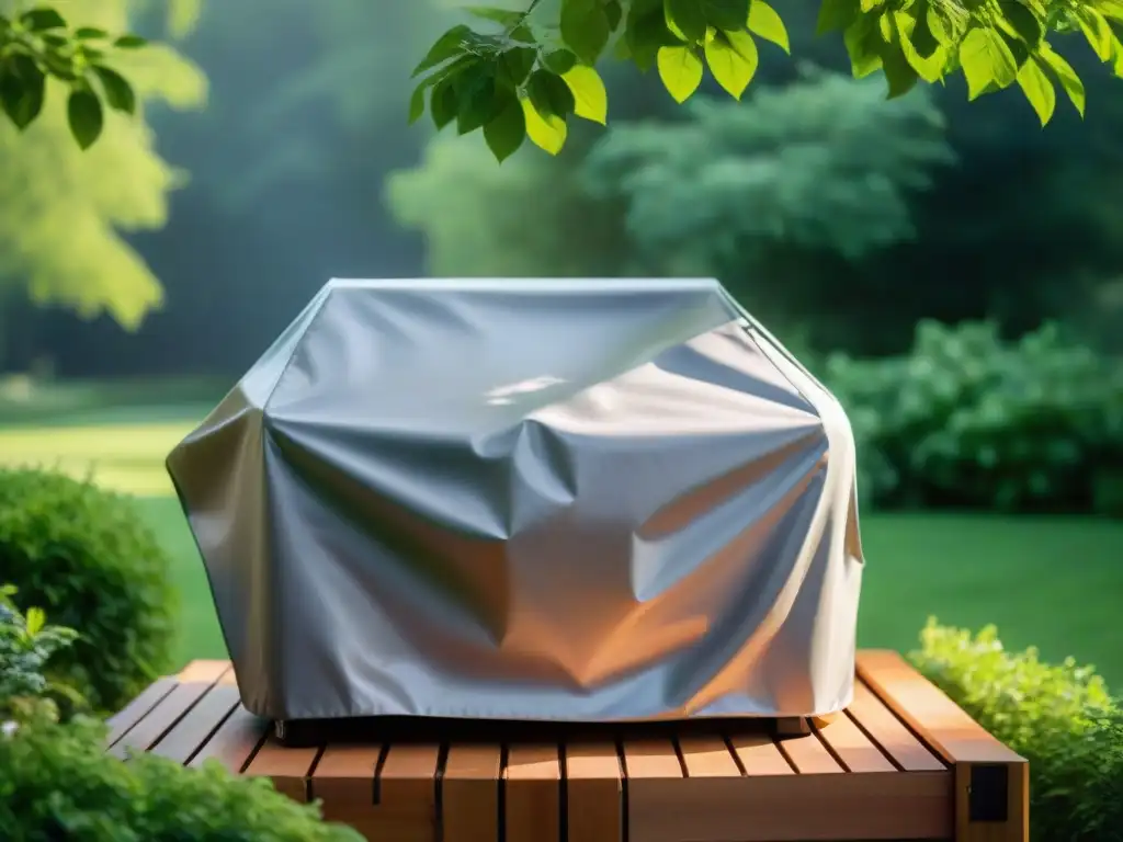 Funda de parrilla de alta gama: protección premium para tu barbacoa Una funda para parrilla resistente protege un lujoso asador de acero inoxidable en un jardín soleado