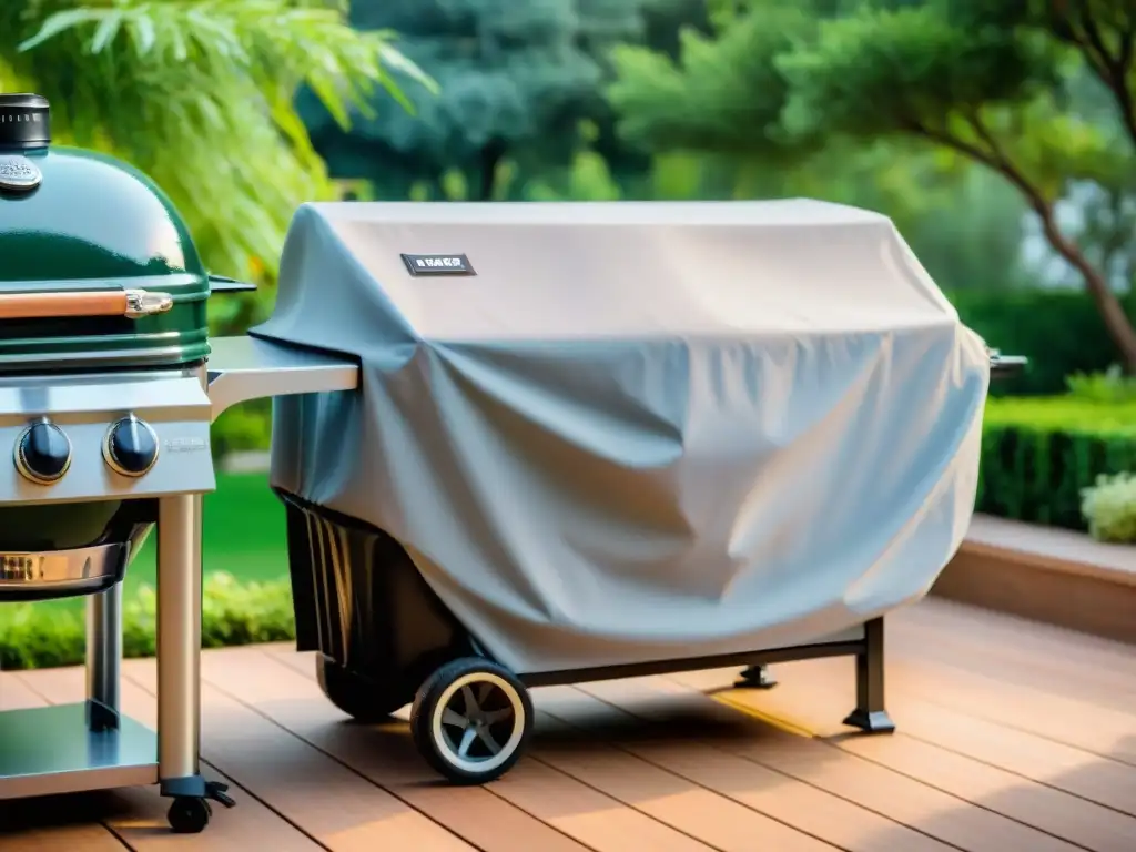 Fundas para parrilla de alta calidad: protege tu inversión Una funda para parrilla resistente abrazando una parrilla moderna al aire libre, protegiéndola del clima con luz solar filtrada entre los árboles