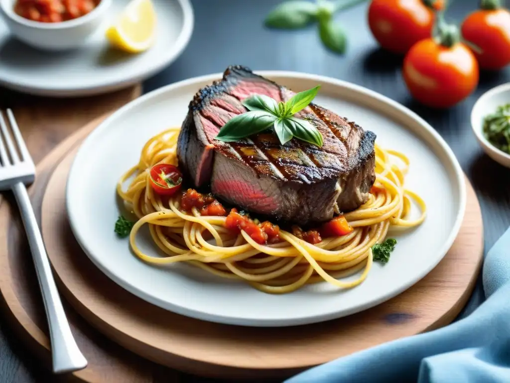 Una fusión culinaria: asado uruguayo e italiana en un plato exquisito con pasta y carne a la parrilla, presentado en una cocina acogedora