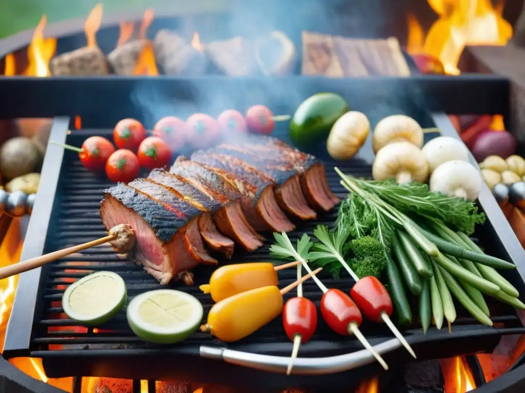 Una fusión de tradiciones: influencia árabe en asado uruguayo con carnes y vegetales en parrilla