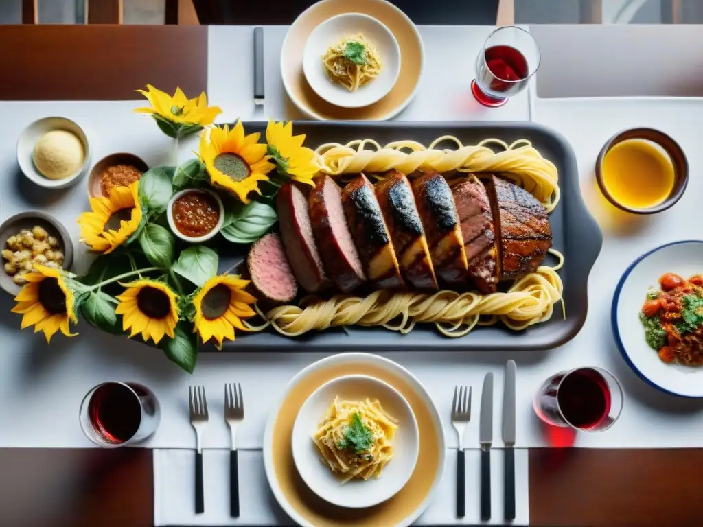 Fusiones culinarias: asado uruguayo e italiana en una mesa bellamente decorada con una variedad de platos tradicionales