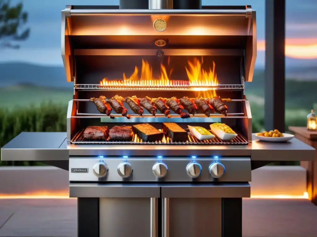 Un futurista asador inteligente iluminado, preparando un asado uruguayo