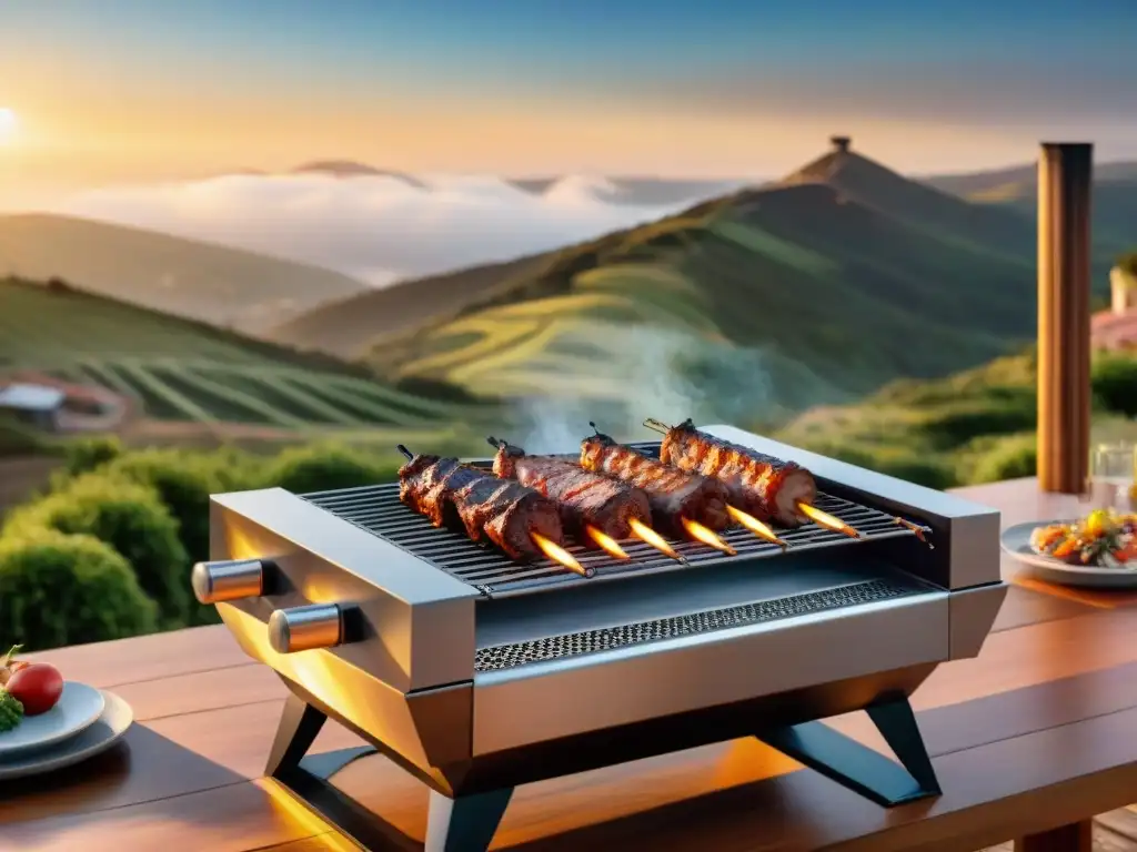 Barbacoa futurista en atardecer sobre colinas uruguayas