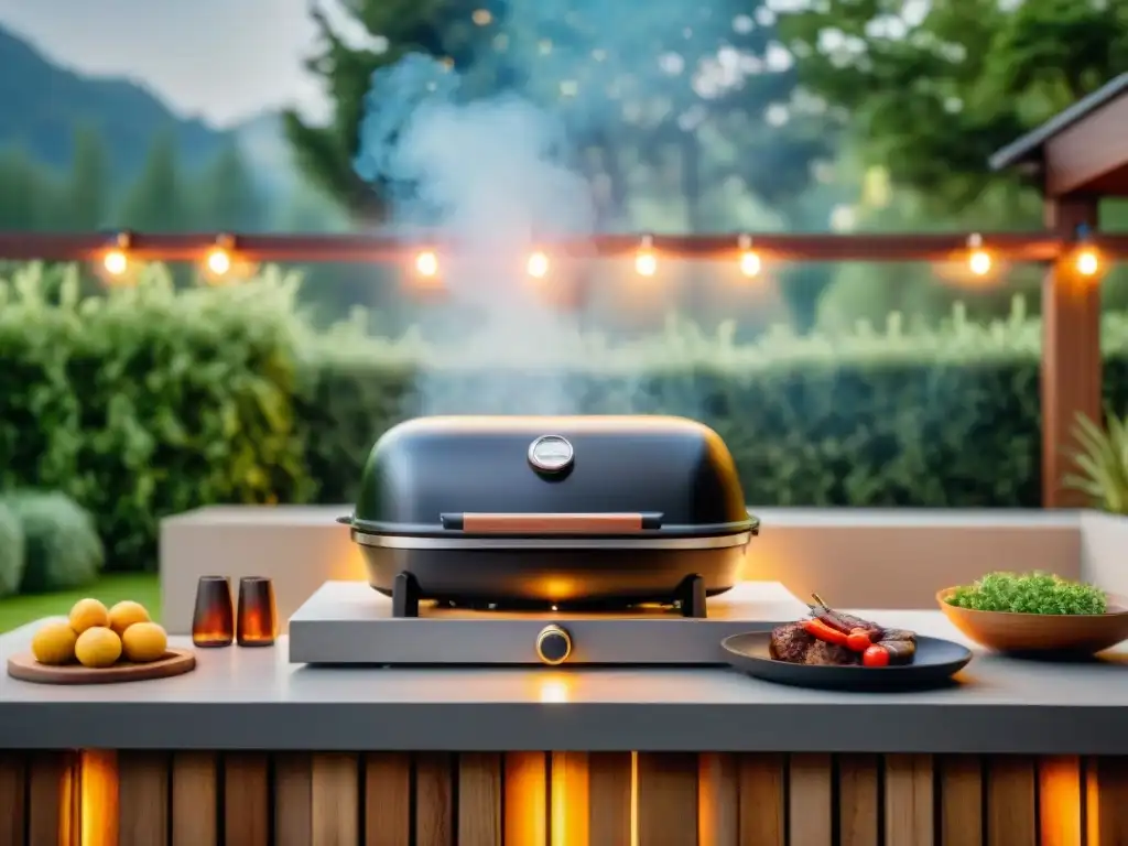 Gadgets innovadores para parrilladas: parrilla moderna con panel digital y ahumador incorporado en área de barbacoa al aire libre