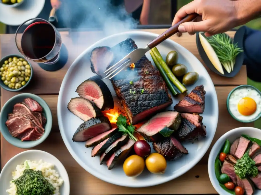 Fotografía gastronómica en Uruguay: Detalle de un asado tradicional uruguayo al atardecer