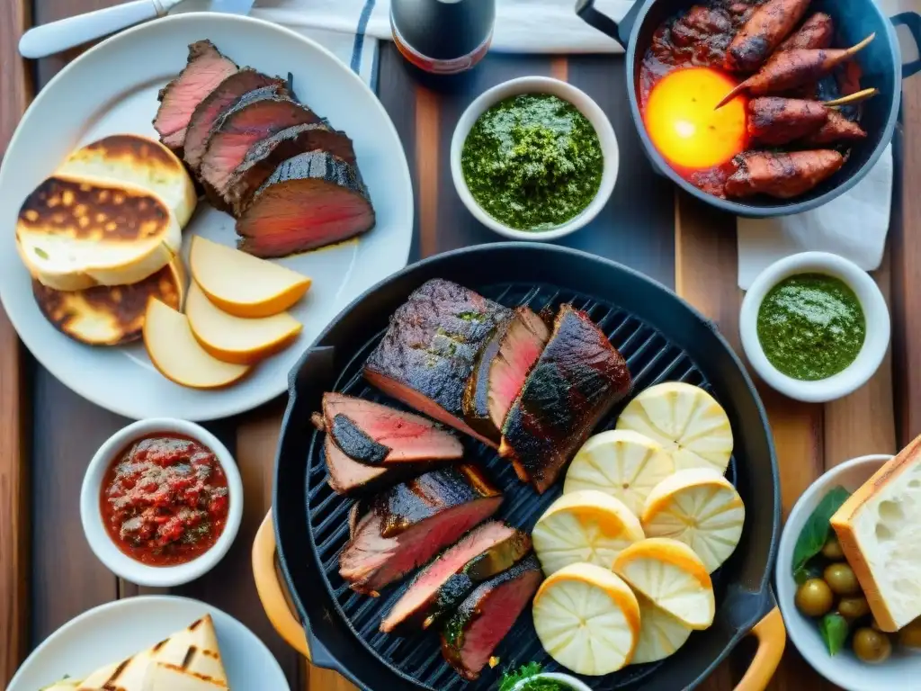 Deléitate con la guía gastronómica del asado uruguayo: carnes, chimichurri, vino Tannat y el cálido atardecer en un entorno rústico