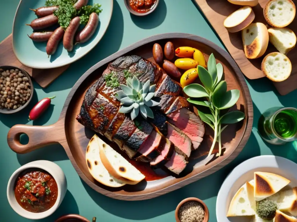 Fotografía gastronómica de asados uruguayos: mesa rústica con exquisito asado y chimichurri, bañados en jugos y luz cálida