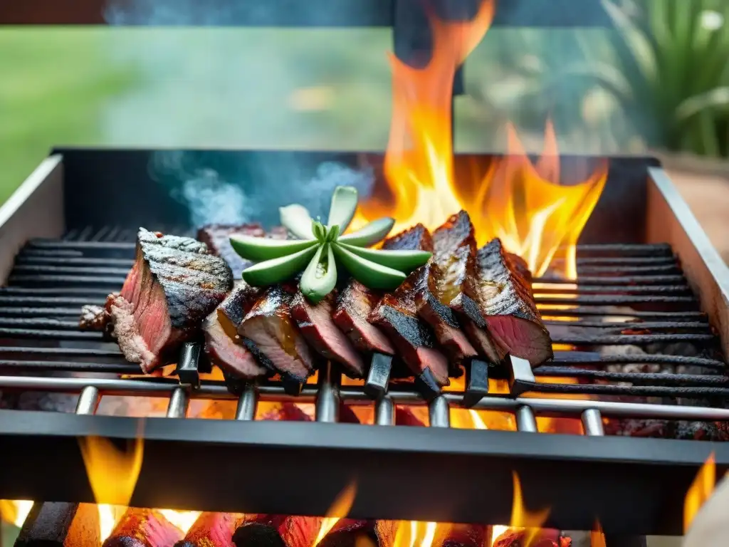 Deléitate con la fotografía gastronómica de asados uruguayos: suculentas carnes asándose en una parrilla, bajo la cálida luz dorada de las llamas