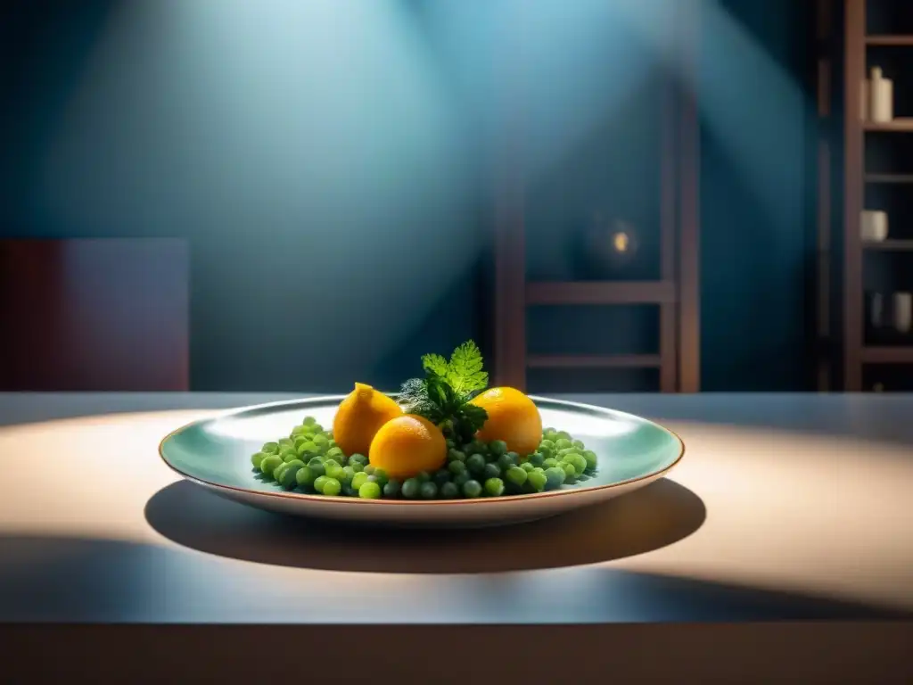 Una fotografía gastronómica con sombras que realza la textura y color de un elegante plato en un entorno íntimo