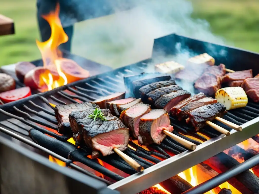 Un gaucho prepara un auténtico asado uruguayo en una parrilla rústica, rodeado de exuberante vegetación