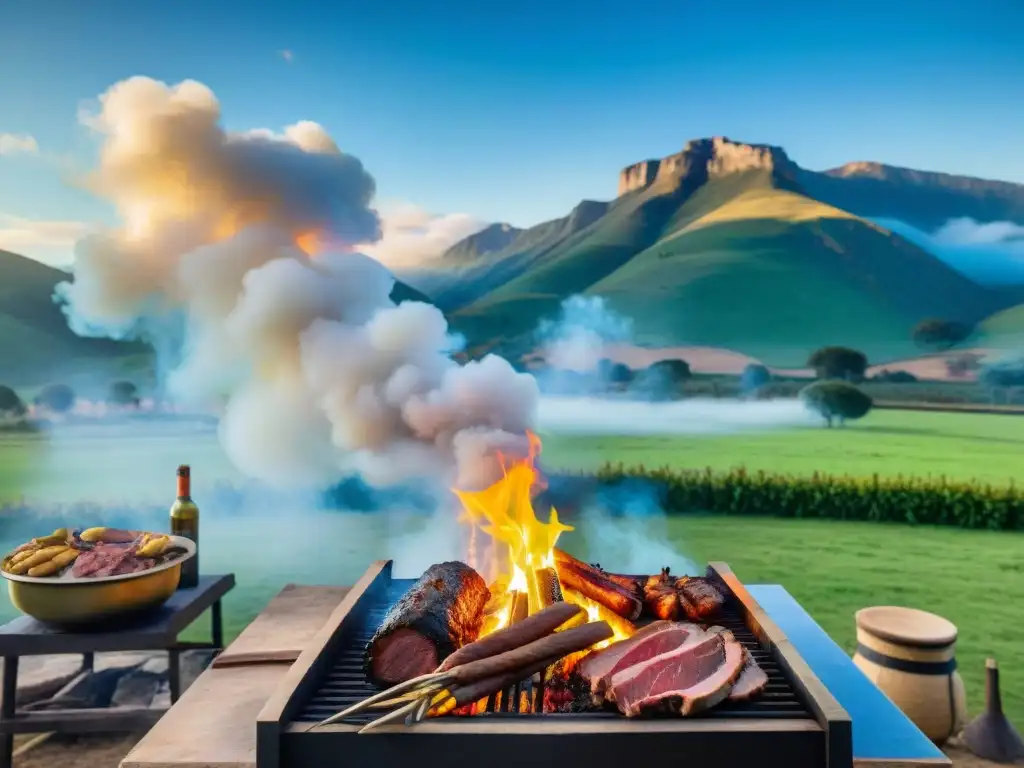 Un gaucho asando carne rodeado de amigos y familia en un asado tradicional en Uruguay, resaltando el impacto de la elección de la carne